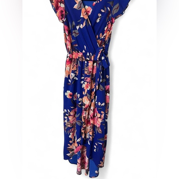 Dream of Me Women's Royal Blue Floral Hi-Low Faux Wrap Dress Medium Boho Summer - Picture 2 of 6